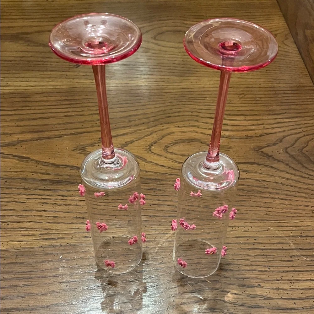 Pink Champagne Bow Flutes with Heart Gems, set of‎ 2